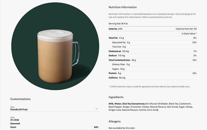 Nutrition Facts for Starbucks Chai Tea Latte